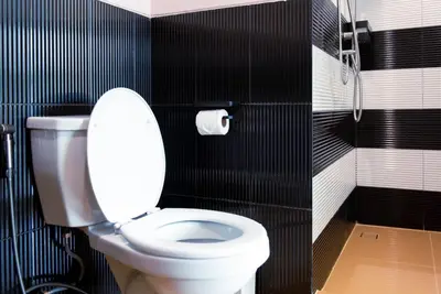 a bathroom with a toilet with black and white tiles at Baan Khun Pra APT No4 Duplex 3BR in Bangkok