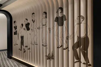 a curtain with a group of people painted on it at Madi Paidi Bangkok, Autograph Collection in Bangkok