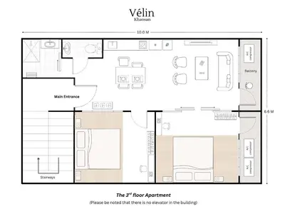 a floor plan of a house at Vélin Khaosan - 3rd Floor apartment with 2Bedrooms in Bangkok