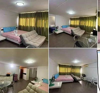 three pictures of a living room with a couch and a bed at ห้องพักรายวันเมืองทองธานีตึกc5 (คุณแอ๊ด) in Thung Si Kan