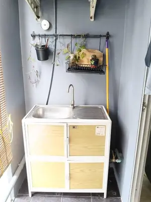 a bathroom with a sink and a shelf with plants at Green home in the big City in Bangkok