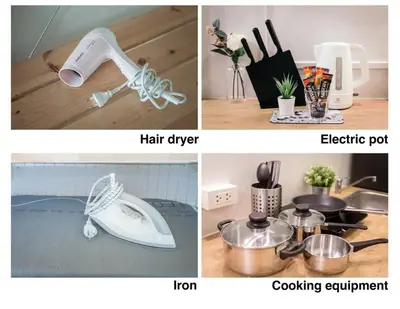 a collage of two pictures of a kitchen with appliances at A3 Large Room, Full Facilities in Bangkok