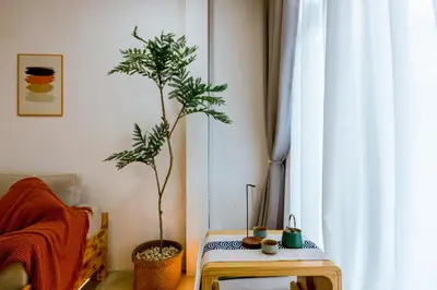 a living room with a table and a plant at Ratchada Retreat Bespoke Urban Villa 3 in Bangkok
