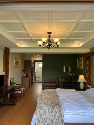 a bedroom with a large bed with a ceiling at Quinstel Guesthouse in Bangkok