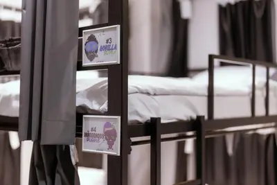 a row of bunk beds with posters on them at 420 Hostel - Ekkamai Buds & Beds in Bangkok