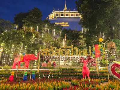 a display of flowers at the magic kingdom at night at Victory place 2 (Golden Mount) in Bangkok