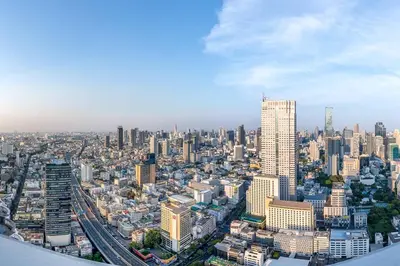an aerial view of a city with tall buildings at Iconic skyline, Big apartment, Great location in Bangkok