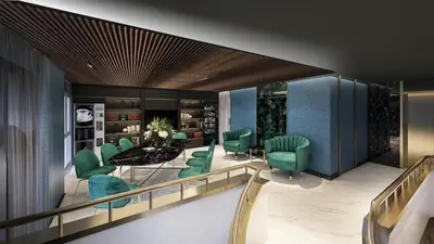 a rendering of a lobby with green chairs and a table at ARNI Skye Hotel in Bangkok