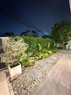 a garden with trees and plants on a sidewalk at House40 MRT Ratchadaphisek in Bangkok