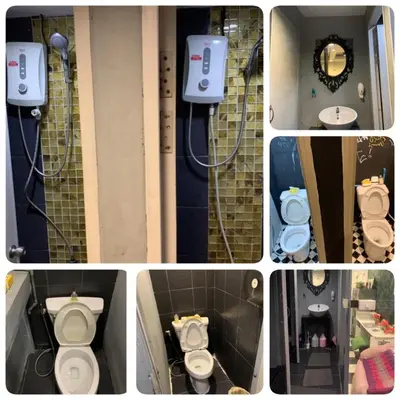 a collage of four pictures of a bathroom with toilets at 24 hr Hostel in khaosan road in Bangkok