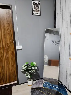 a mirror sitting on a table in a room with a plant at 201-Olan Place Homely room Free Wi-Fi and Near BTS line in Bangkok