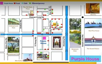 a map of a purple house with different buildings at Purple House King BR Walk to Grand Palace in Bangkok
