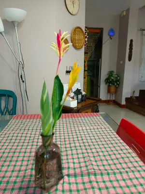 a vase with flowers in it sitting on a table at Be Cute#บ้านพักเหมาหลัง 6 ท่าน เด็ก0-7ขวบพักฟรี 2 ท่าน in Ban Khung Taphao