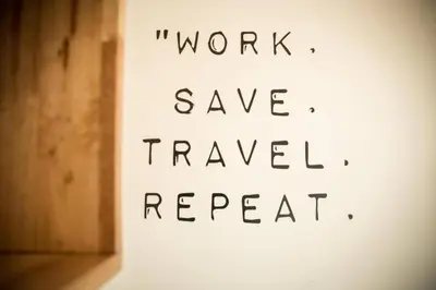 a sign that says work save travel repeat at The rabbit's hole hostel in Bangkok