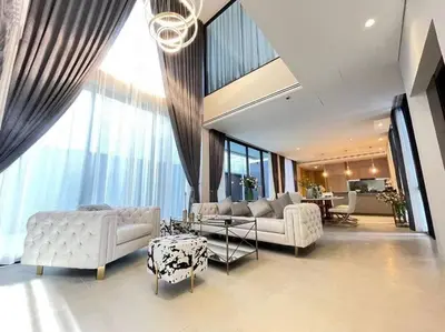 a large living room with white furniture and large windows at \u4e94\u5367\u5ba4\u6e38\u6cf3\u6c60\u522b\u5885 5 Bedrooms Pool Villa in Ban Bang Toei (1)