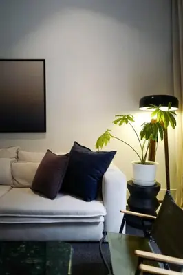 a living room with a couch and a potted plant at Nap by Snooze in Bangkok