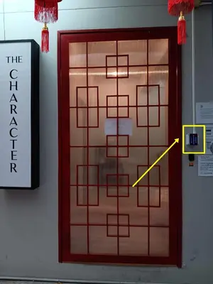 a door with a yellow arrow on a wall at xx The Character China Town MRT วัดมังกร in Bangkok