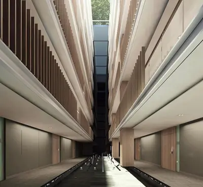 a hallway of a building with large ceilings at Luxury condo right next to BTS Thonglor! in Bangkok