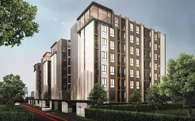 a rendering of a large building in a city at forest by Bangboon by Parisa in Sathani Wat Sing