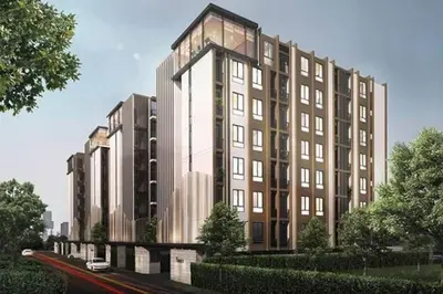 a rendering of a tall building with a street at forest by Bangboon by Parisa in Sathani Wat Sing