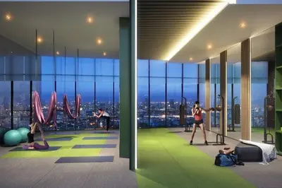 a rendering of a gym in a building with people exercising at Niche Mono 2 Bedroom next to BTS Bearing in Samut Prakan