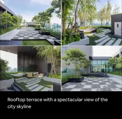 a collage of four pictures of a roof terrace with a spectacular view at Cozy Apartment With Train Access in Bangkok