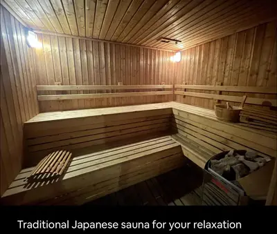 a large wooden sauna with a bench in it at Luxurious Upscale Downtown Apartment in Bangkok