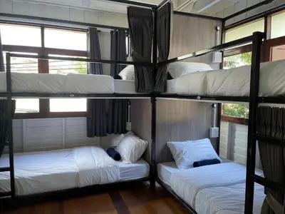 two bunk beds in a room with windows at Green Cabin Hostel in Bangkok
