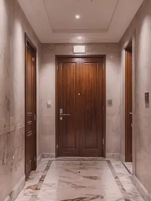 a hallway with a wooden door and a tile floor at Dream appartment in Bangkok
