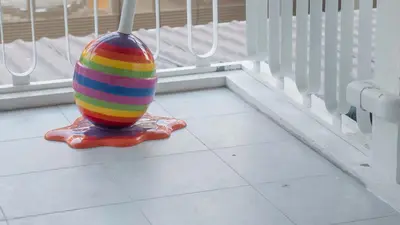 a colorful striped vase sitting on a porch at Retrovibes Sathorn BTS ICONSIAM Asiatique Chao Phraya in Bangkok