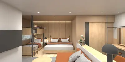 a small bedroom with a bed and a bunk bed at The Publyc Hotel in Bangna