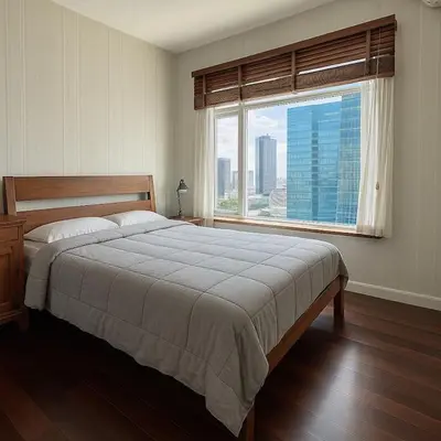 a bedroom with a large bed and a large window at The Condo C - Luxury Condo with Onsen in Bangkok