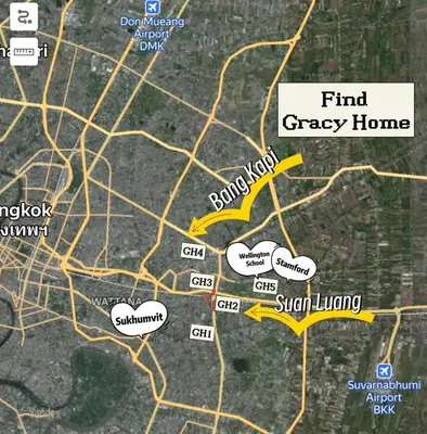 a map of a city with the words find crappy homes at 55sqm Hispeed LAN WiFi workplace 24h maxvalu in Bangkok