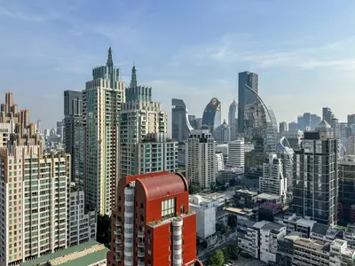 an aerial view of a city with tall buildings at Upscale Skyview 1BR - Ultra Fast Wifi - Chitlom in Bangkok
