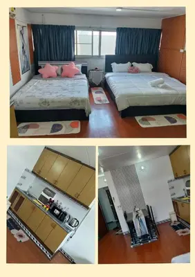 three pictures of a bedroom with two beds and a bathroom at IMPACT popular condo c5 แม่ตังค์ in Ban Bang Phang
