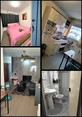 a collage of four pictures of a room at IMPACT popular condo c5 แม่ตังค์ in Ban Bang Phang