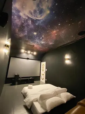 a bedroom with a painting of the universe on the ceiling at Nordic Villa 5BR Pool, Jacuzzi, Rooftop and More in Ban Bang Krang