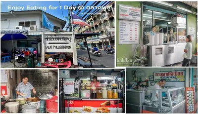 a collage of photos of a food shop at 2BR Condo with Oldtown Bangkok Vibes, Steps from Wongwian Yai in Bangkok