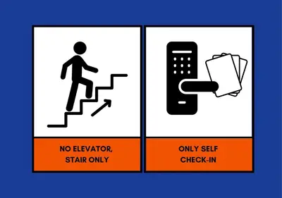a sign for a cell phone and a man walking up the stairs at Blue House 191 Hometel in Chinatown