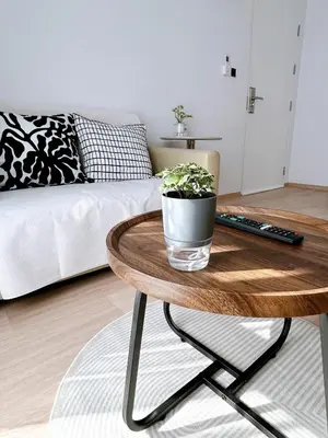 a living room with a table with a plant on it at Wonderful Stay BTS Ratchayothin in Bangkok