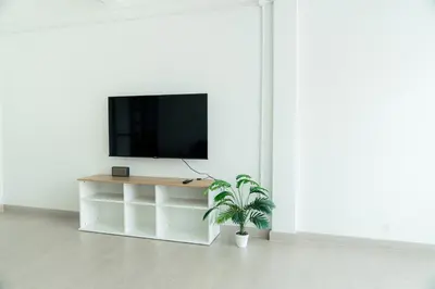 a living room with a tv and a plant at Glow House Sukhumvit 54 in Bangkok