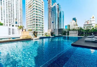 a large swimming pool in a city with tall buildings at Ivy Thonglor Luxury Condo with Swimming Pool, Fast Wifi in Bangkok