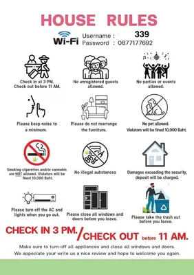 a poster showing the dangers of house rules at The Station Condo1 in Bangkok