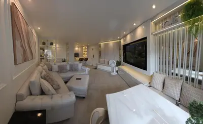 a living room with white furniture and a large window at Luxury Condo City Living R3 in Bangkok