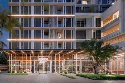 an exterior view of a building at Panoramic 2BR Ekkamai with infinity pool in Bangkok