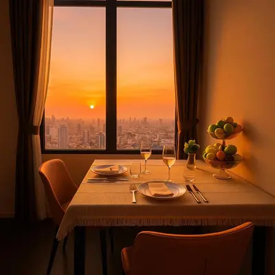 a table with a view of the city from a window at Luxury Loft with Stunning 25th Floor View in Bangkok