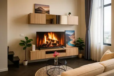 a living room with a fireplace and a couch at Luxury Loft with Stunning 25th Floor View in Bangkok