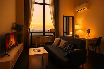 a living room with a couch and a large window at Luxury Loft with Stunning 25th Floor View in Bangkok