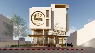 a rendering of a building with a restaurant at กรุงไทย โฮสเทล สเตชั่น in Thonhuri