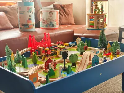 a toy train table with a toy train set at Danita's Home Bangkok in Bangkok